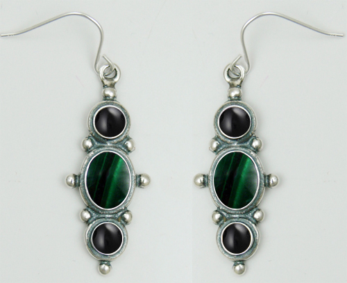 Sterling Silver Drop Dangle Earrings With Malachite And Black Onyx